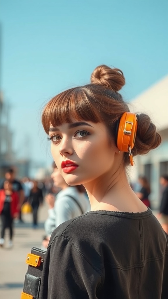 A young woman with a bun hairstyle and bangs, wearing orange headphones, in a busy outdoor setting.