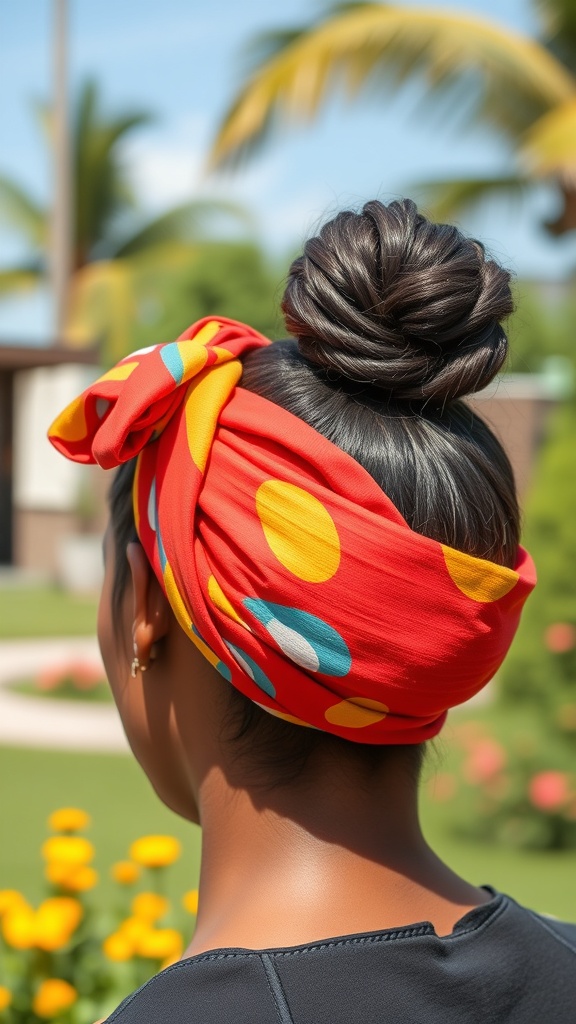 A woman with a bun hairstyle and a colorful polka dot hair wrap, set against a sunny outdoor background.
