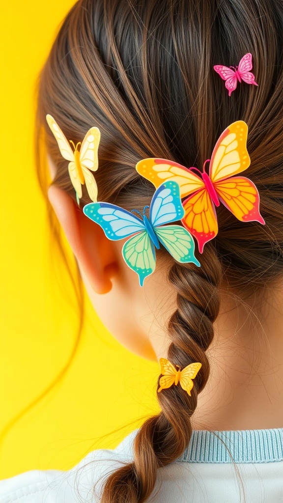 A close-up of a braided hairstyle adorned with colorful butterfly clips.