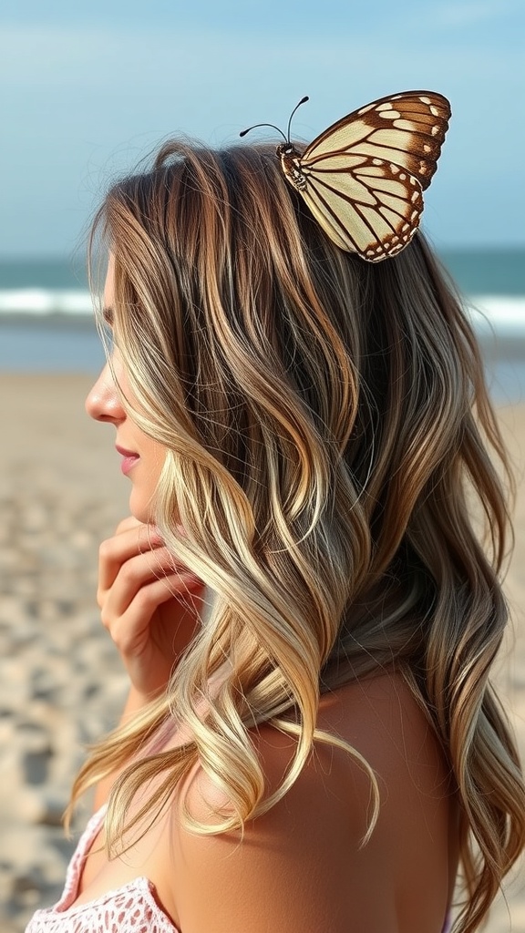 A woman with long, layered hair styled in a butterfly cut, featuring beachy waves and a butterfly accessory.