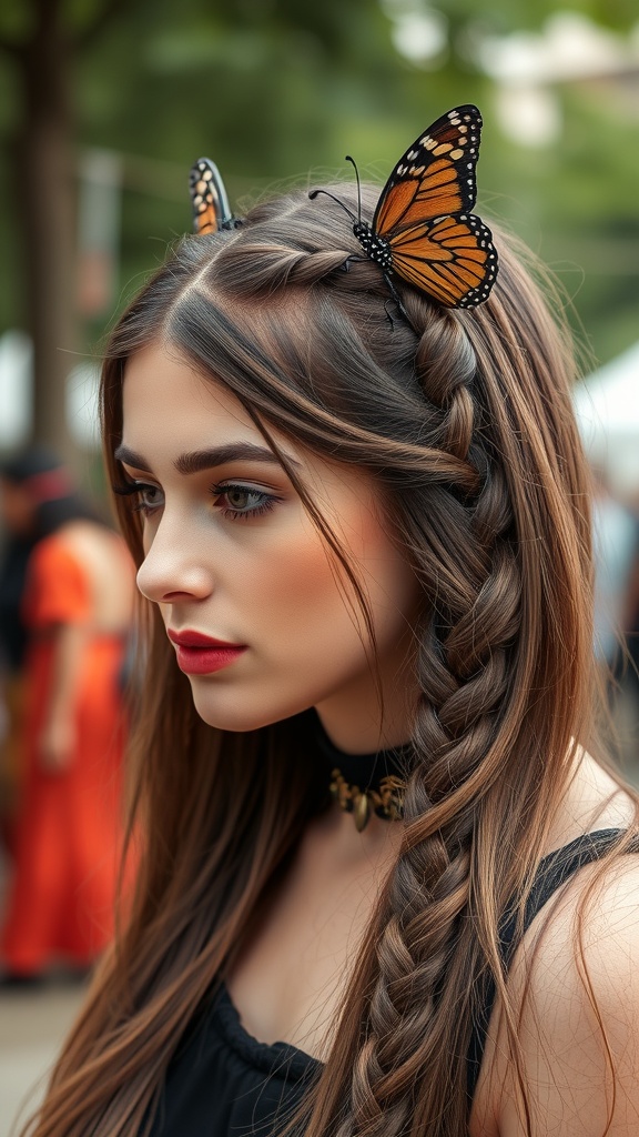 A woman with long hair styled in a butterfly cut, featuring a braid and butterfly clips.