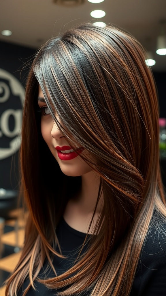A woman with long hair styled in a butterfly cut featuring face-framing layers, showcasing a glossy finish and rich color.