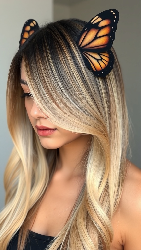 A woman with long hair styled in a butterfly cut with an ombre effect, featuring soft waves and butterfly hair accessories.
