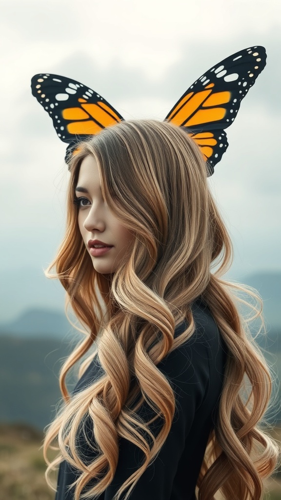 A model with long hair styled in a butterfly cut, featuring soft waves and butterfly accessories.
