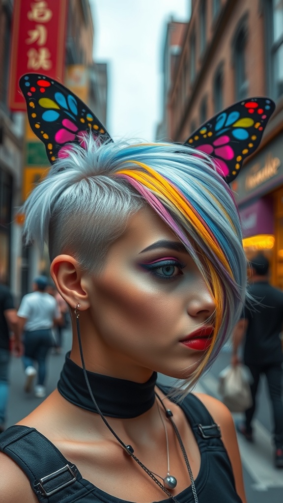 A woman with a butterfly haircut featuring pink highlights, standing in a busy urban street.