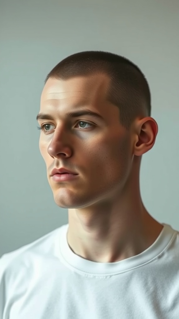 A man with a buzz cut and tattoos, showcasing a strong facial structure.