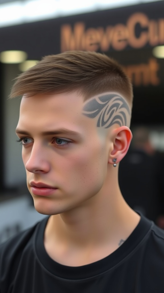A young man with a buzz cut featuring a unique design on the side, showcasing a modern take on Korean hairstyles for men.