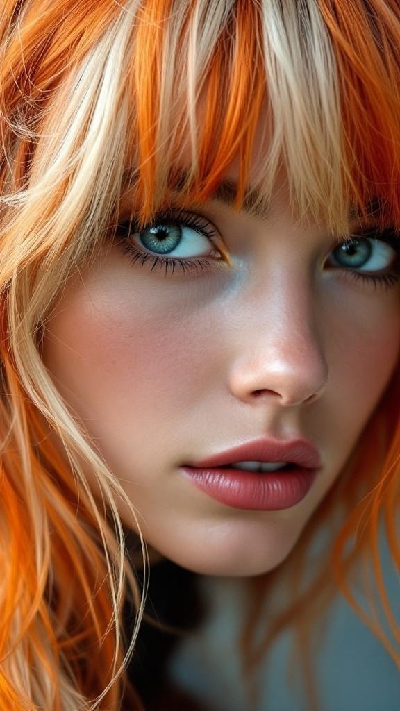 A close-up of a person with calico hair featuring vibrant orange and lighter shades, styled with feathered bangs.