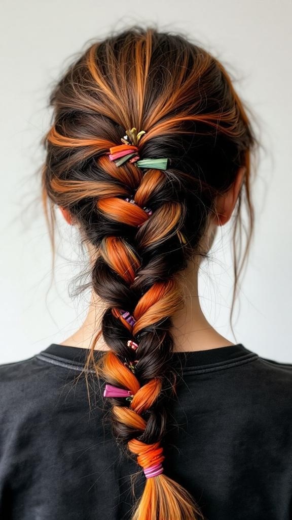 A braided hairstyle featuring calico colors with colorful hair accessories.