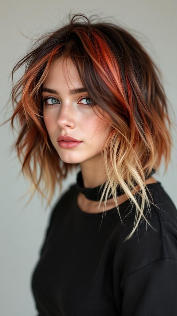 A young woman with calico hair featuring shaggy layers, showcasing a blend of warm tones.