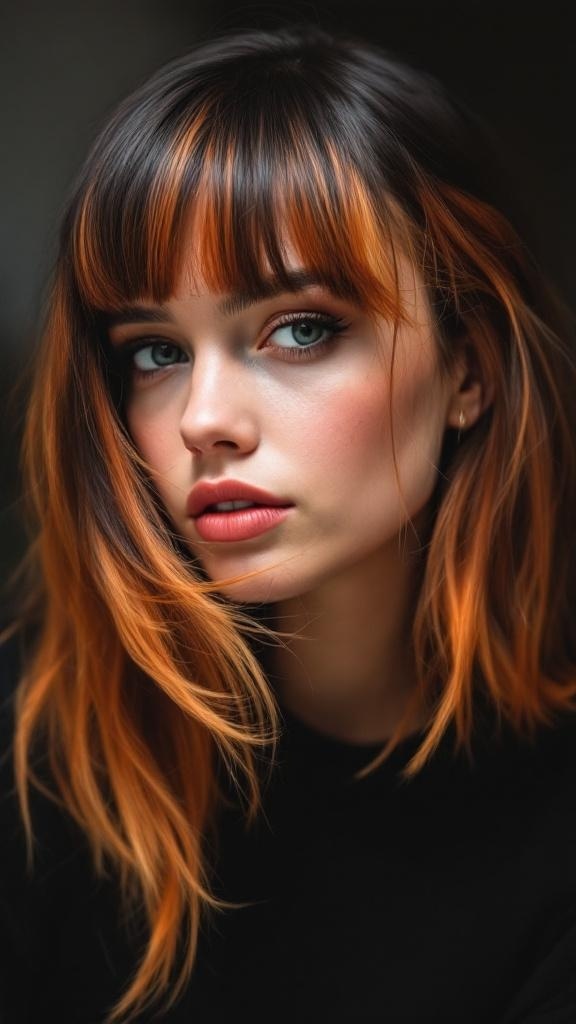 A close-up of a person with calico hair featuring vibrant orange highlights and side-swept bangs.