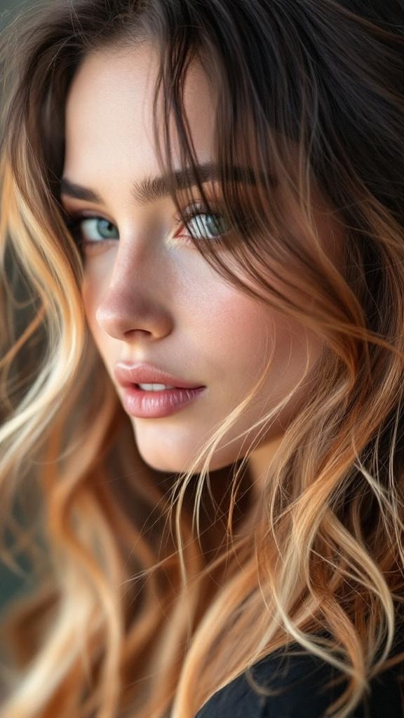 A close-up of a woman with calico hair featuring subtle highlights, showcasing a blend of warm tones.