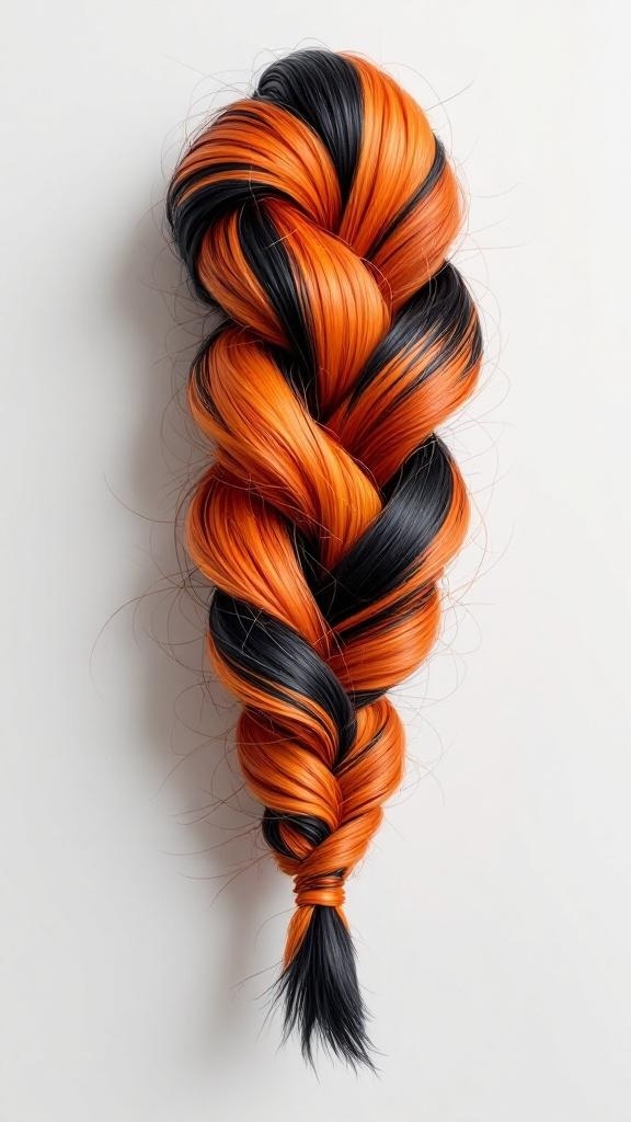A braided hairstyle featuring vibrant orange and black colors, styled with twists.