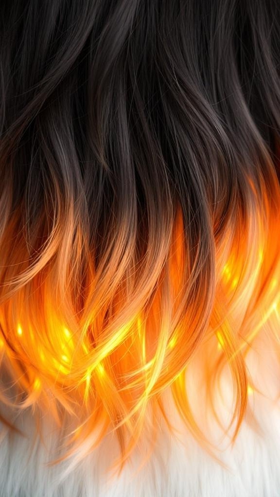 A close-up of wavy hair with dark roots and bright orange tips, showcasing a calico hair style with underlights.