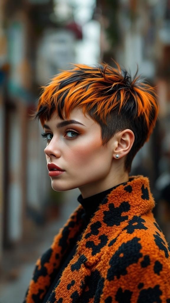 A person with a calico pixie cut featuring orange and black hair, wearing a leopard print coat.