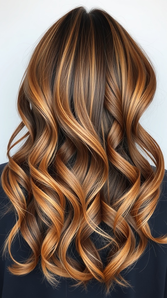 A hairstyle featuring caramel and chocolate blend highlights, showcasing streaky highlights in a beautiful arrangement.