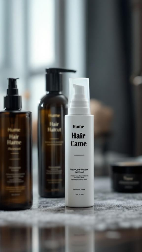 A selection of hair care products for maintaining a Hime haircut, including bottles of shampoo, conditioner, and styling cream.
