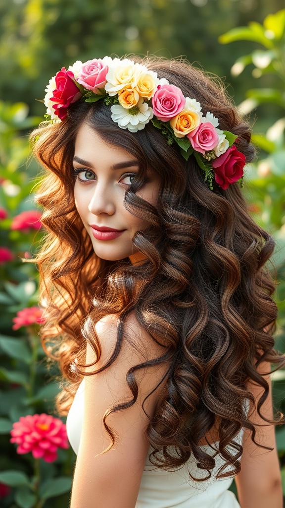 A woman with cascading curls wearing a floral crown, surrounded by colorful flowers.