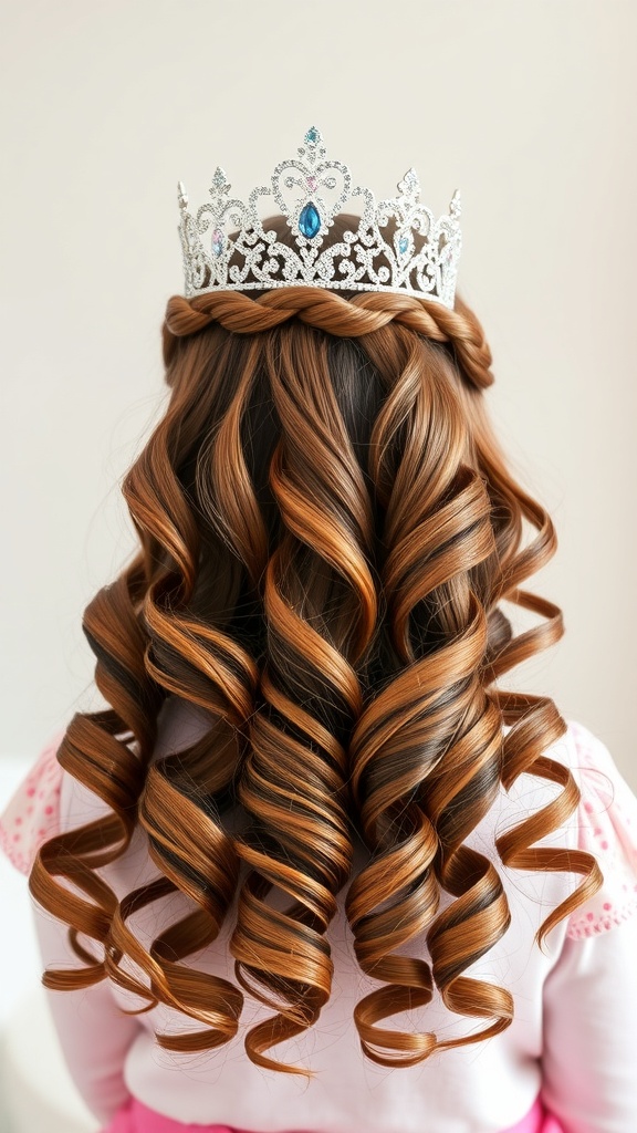 A back view of a girl with cascading curls and a tiara.