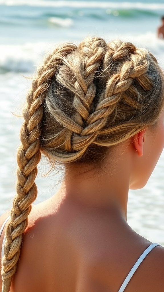 A close-up of a woman's hair styled in casual beachy baby braids, with the ocean in the background.