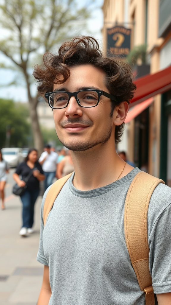 A young man with curly hair and glasses, smiling casually in a city setting.