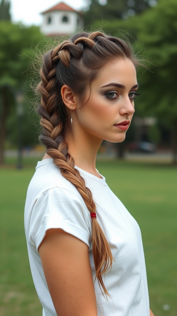 A young woman with a fishtail braid, wearing a white t-shirt, standing in a park.