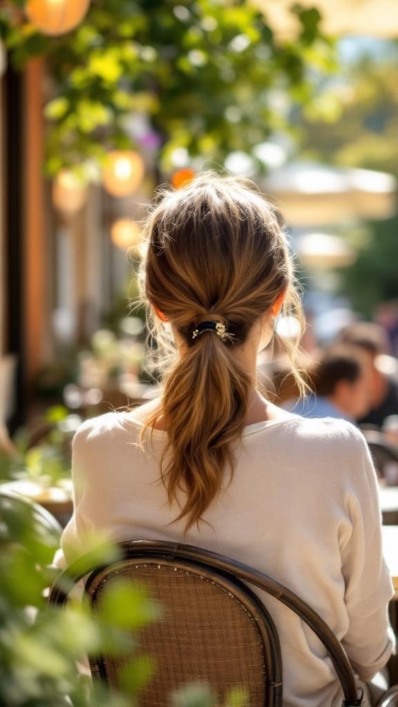 A woman with a casual tucked ponytail, sitting outdoors in a relaxed setting.
