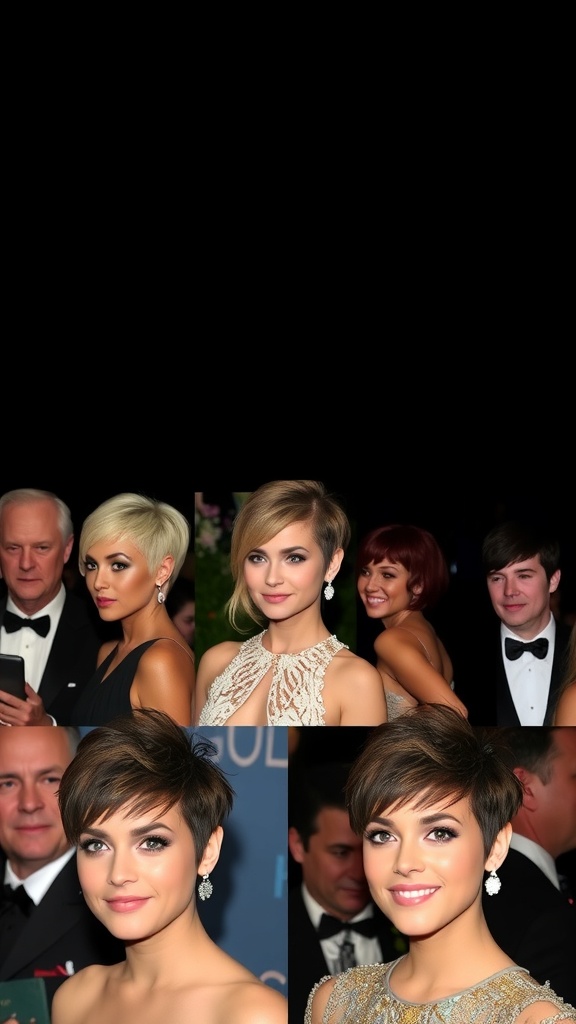 Collage of celebrities with short stacked wedge haircuts, showcasing different styles and colors.