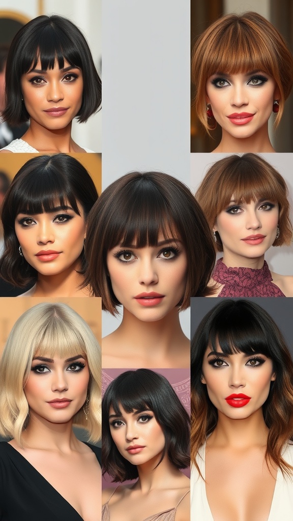 Collage of celebrities with different styles of wolf cut with curtain bangs.