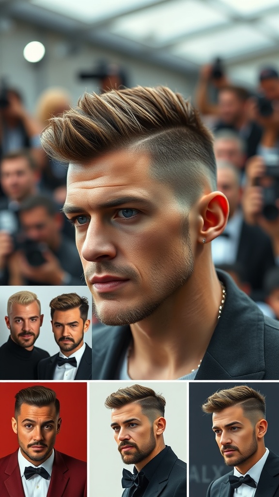 A collage of men showcasing different styles of the wolf cut hairstyle, featuring a main subject with a sharp, textured top and shorter sides.