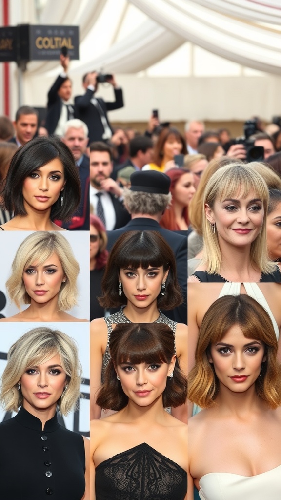 A collage of celebrities showcasing various layered haircuts, including bobs and longer styles.