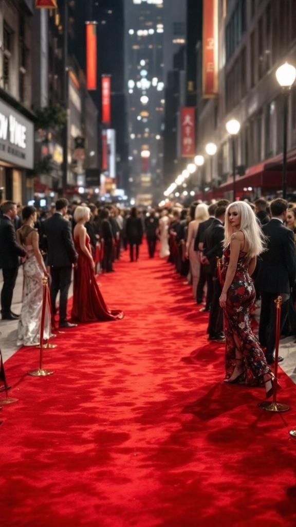 A glamorous red carpet event with attendees showcasing various stylish outfits.