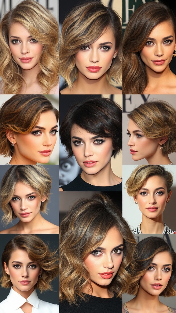 A collage of celebrities showcasing various styles of the Wavy Wolf Cut with Bangs.