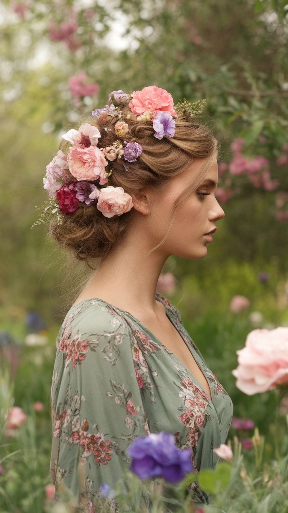 A woman with a floral crown updo, featuring pastel flowers, standing in a garden.