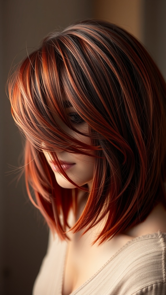 A vibrant cherry red layered lob hairstyle against a dark background.