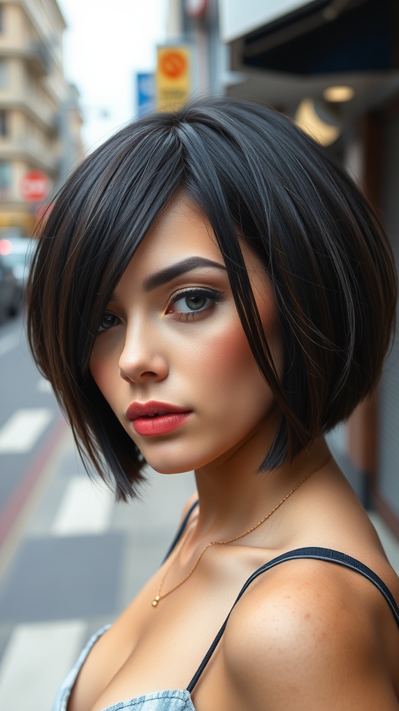 A woman with a chic A-line bob hairstyle, featuring a longer front and shorter back, standing in an urban setting.