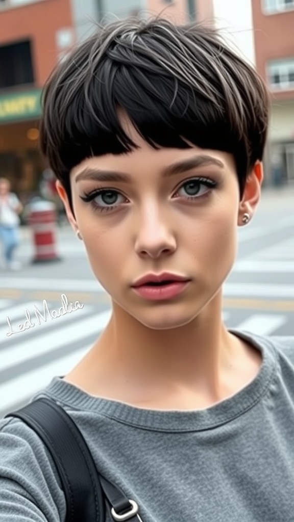 A person with a short shag hairstyle and blunt bangs, wearing a gray top.