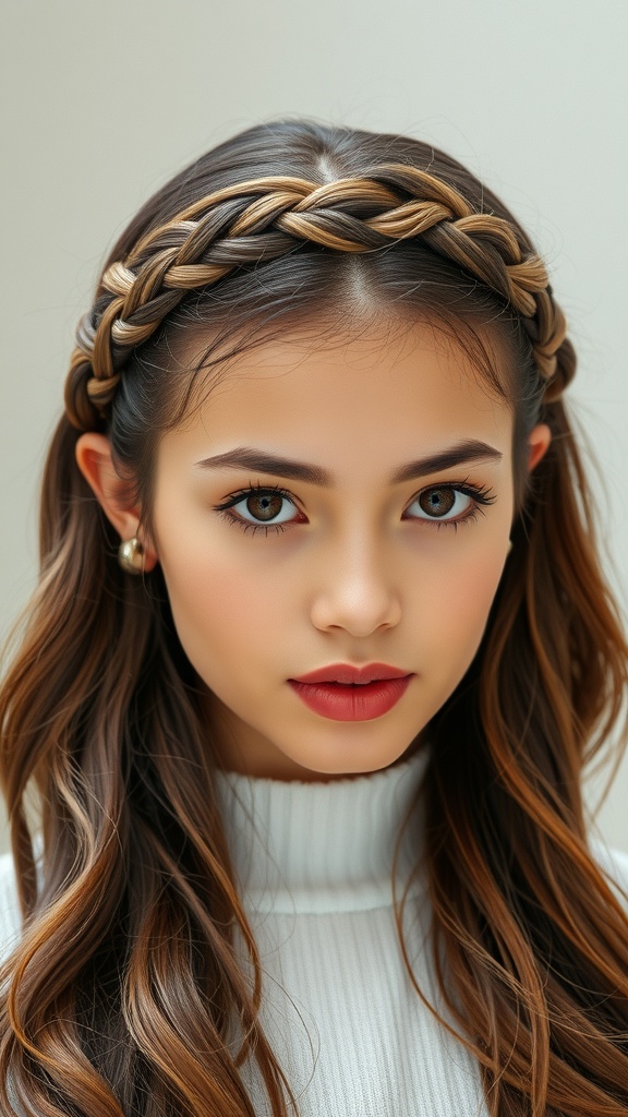 A young woman with a chic baby braid headband and long, flowing hair, wearing a cozy sweater.