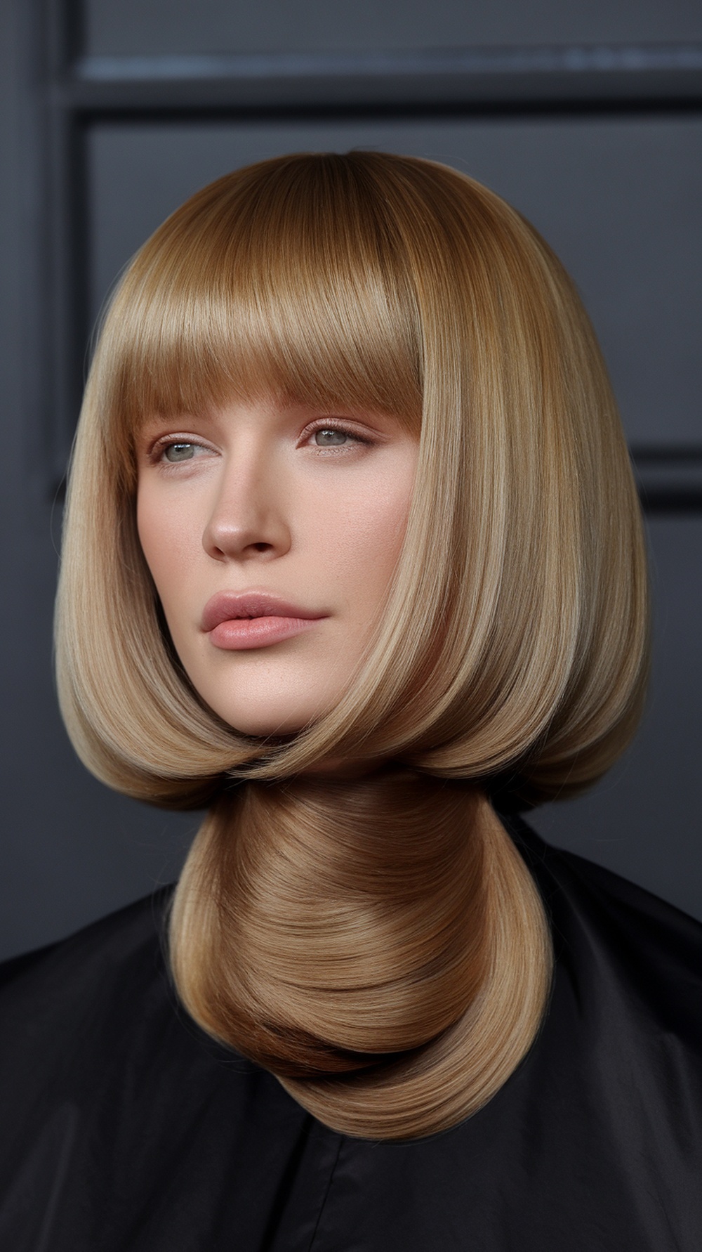 A model with a chic blunt cut hairstyle, showcasing smooth, shoulder-length hair.