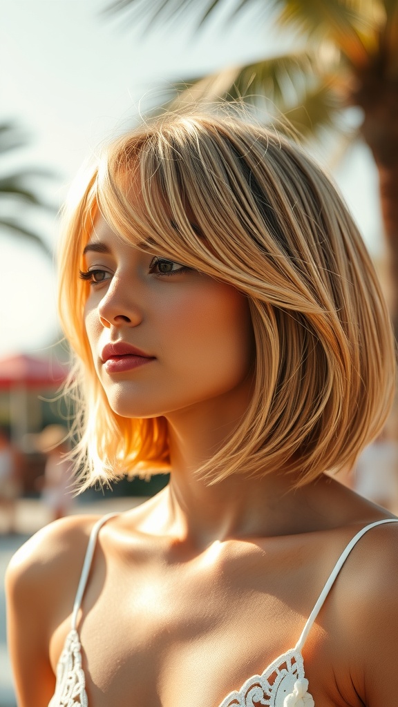 A woman with a chic bob cut, standing outdoors with palm trees in the background.