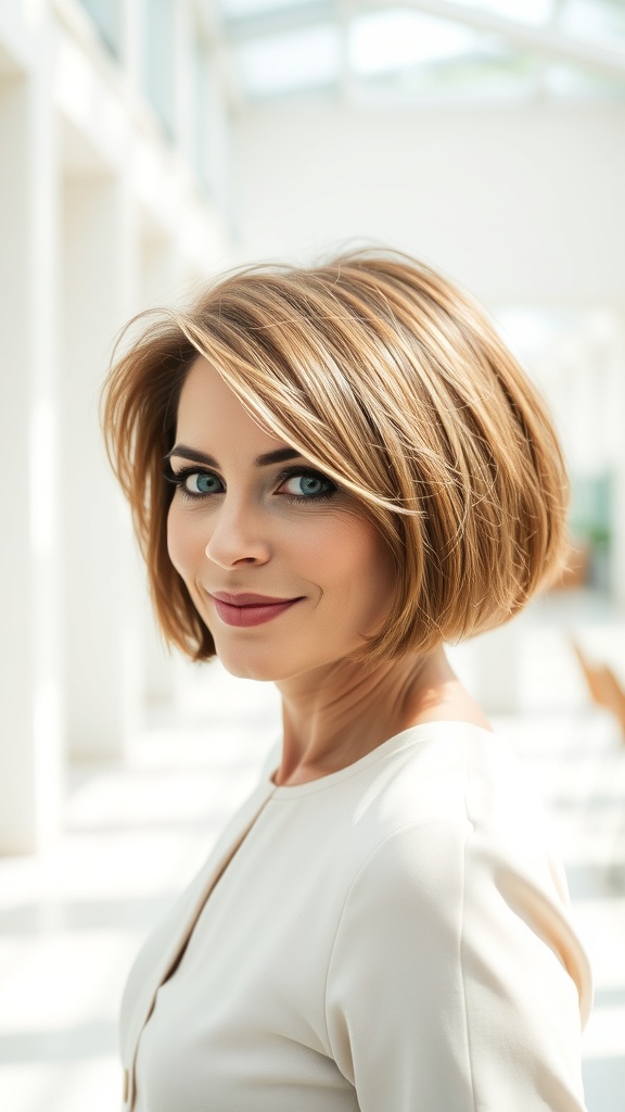 A woman with a chic bob cut, showcasing a sophisticated hairstyle.