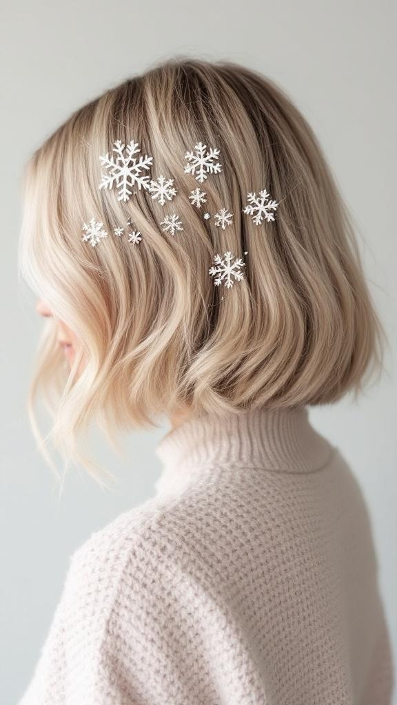 A chic bob hairstyle adorned with snowflake clips, showcasing soft waves and a festive look.