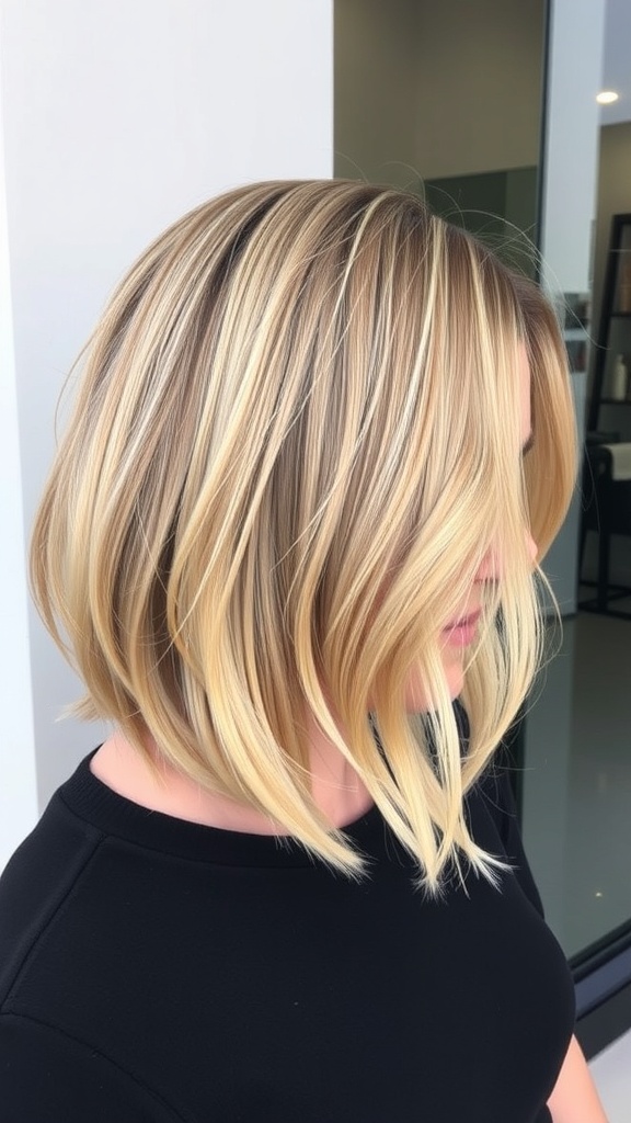 Chic bob hairstyle with subtle ombre, showcasing golden blonde tones.
