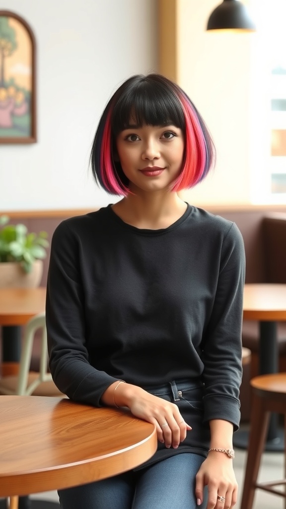 A woman with a chic bowl cut featuring colorful streaks of pink, blue, and orange, showcasing a trendy hairstyle.