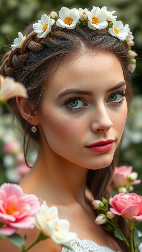 A woman with a braided crown hairstyle adorned with flowers, surrounded by pink roses.