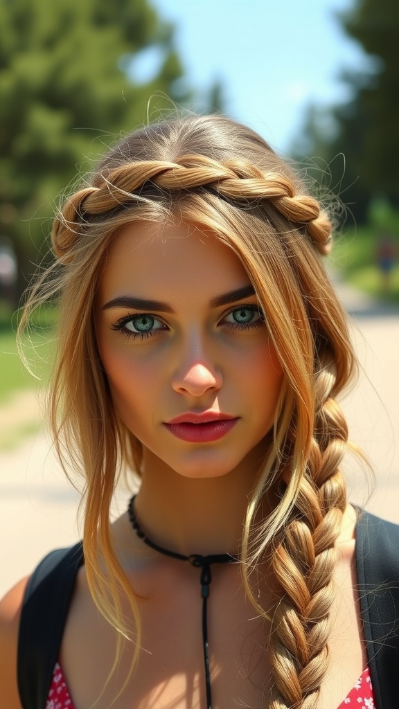 A young woman with a chic crown braid and loose tendrils, showcasing a beautiful prom hairstyle.