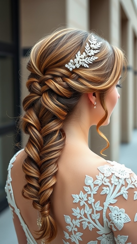 A bride with a chic fishtail braid adorned with a floral hairpiece.