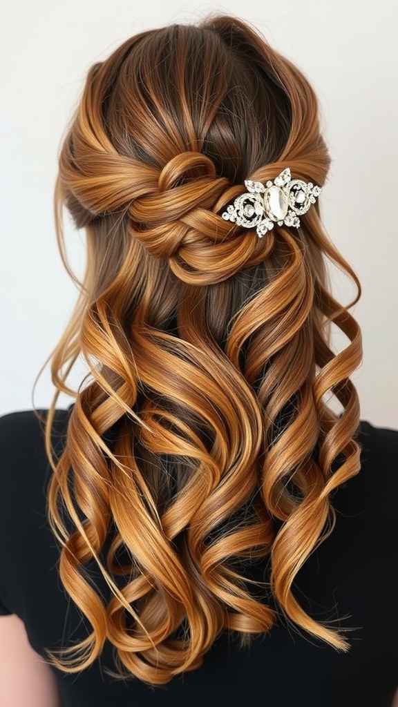 A chic half-up half-down hairstyle featuring twisted sections and elegant curls, adorned with a decorative hairpiece.