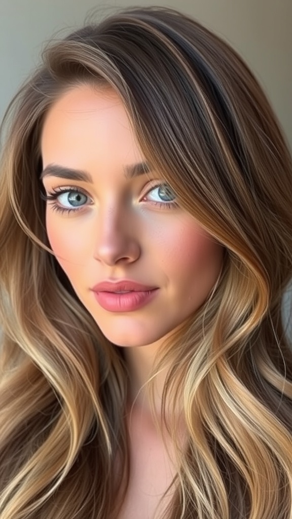 Long layered hair with soft waves in warm tones