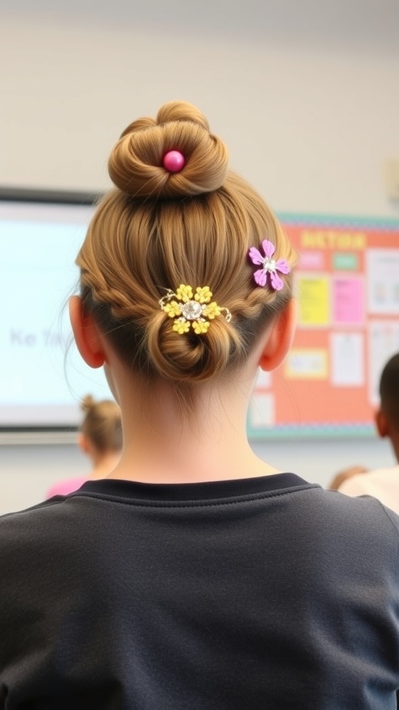 A girl with a chic low bun hairstyle adorned with colorful hair accessories, viewed from the back in a classroom setting.